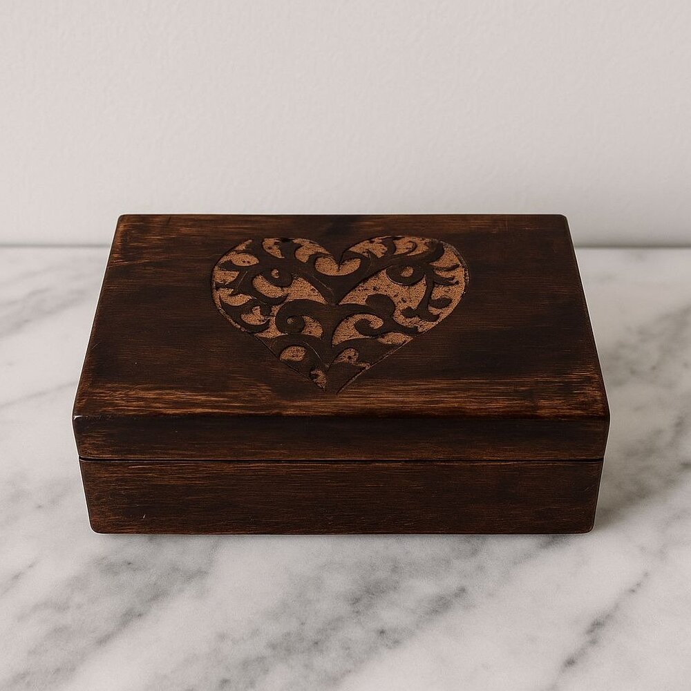 Vintage Hand Carved Wooden Heart Box, Dark Stained Trinket Jewelry Keepsake Stor